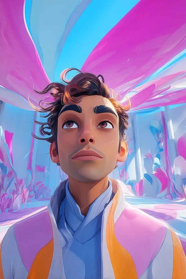 Vibrant digital painting with smooth gradients, glossy surfaces, soft ambient lighting in saturated magenta, cyan, and warm orange; low-angle composition with flowing organic shapes dominating the upper frame