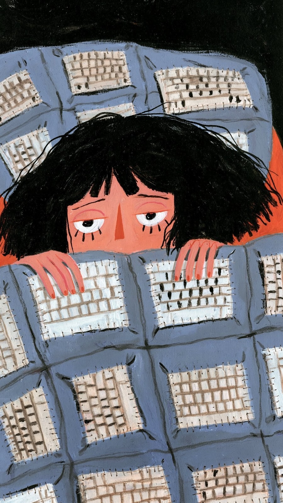 Die Nahaufnahme der Illustration zeigt eine schwarzhaarige Figur, die auf einem Bett liegt und den Rand einer blau-grauen Patchwork-Decke festhält
