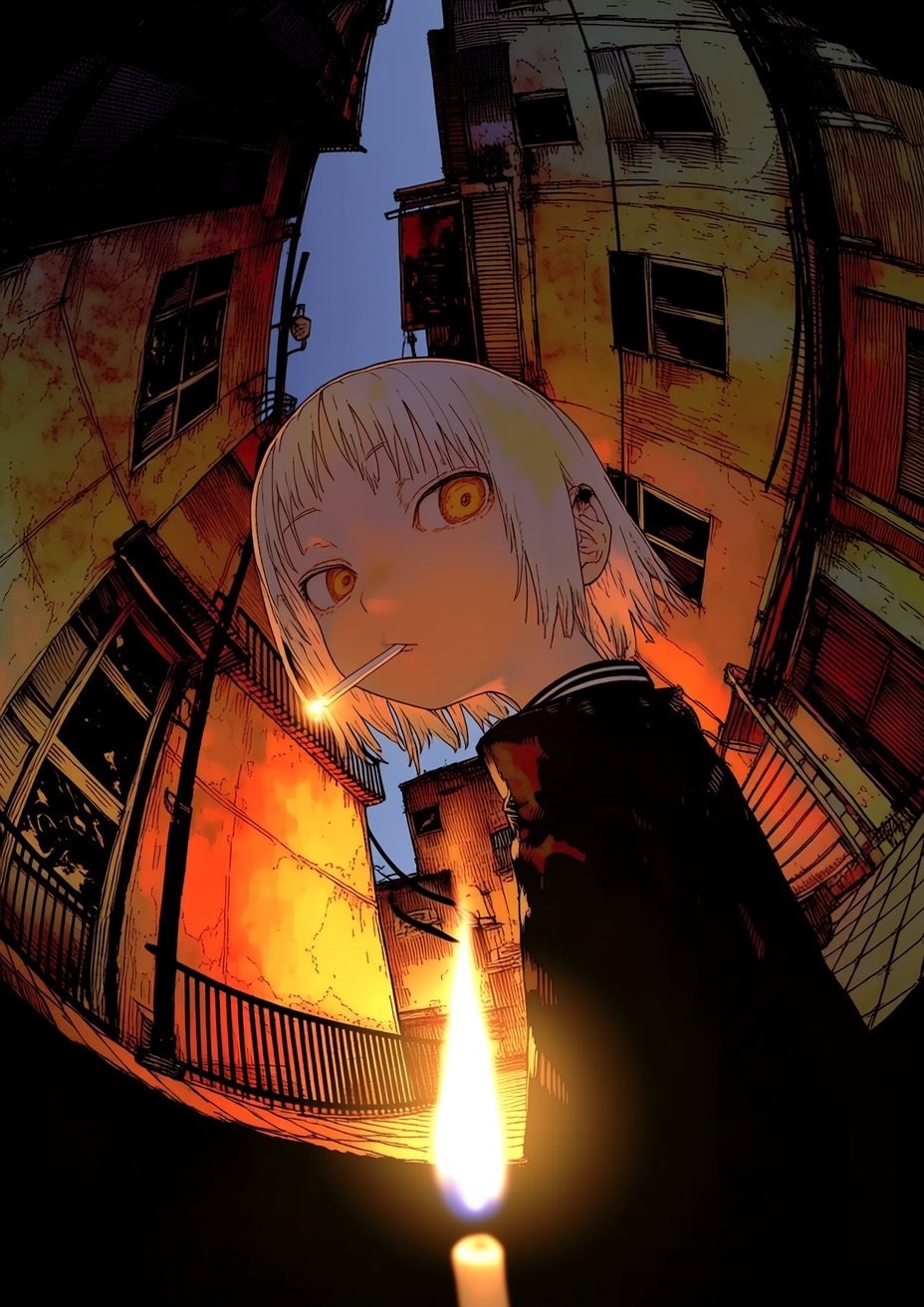 White-haired short-haired anime character in dark uniform with cigarette in mouth in low-angle shot between old buildings