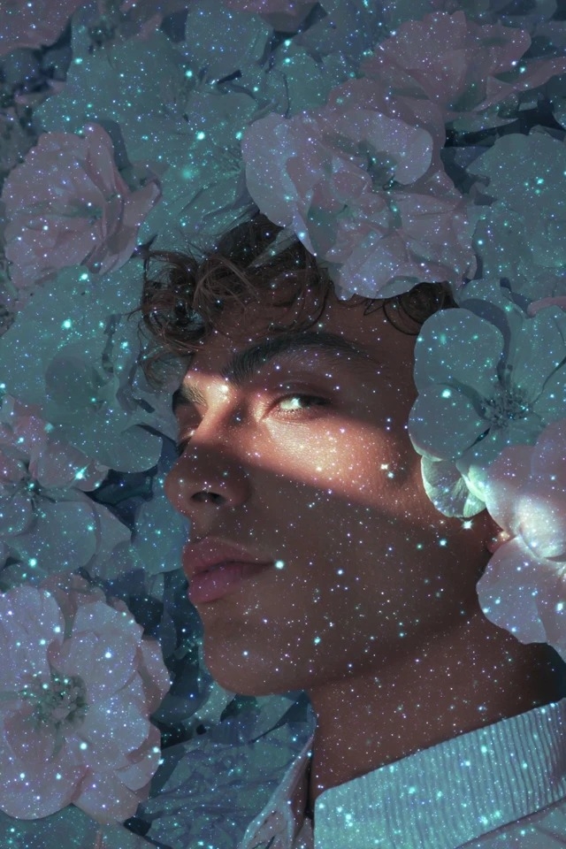 Dreamy ethereal aesthetic with soft teal, dusty pink, and deep navy tones, glittering star-like particles, delicate luminous lighting with gentle shadows, intimate overhead floral framing, suitable for fantasy romance covers, celestial beauty campaigns, and sleep wellness branding