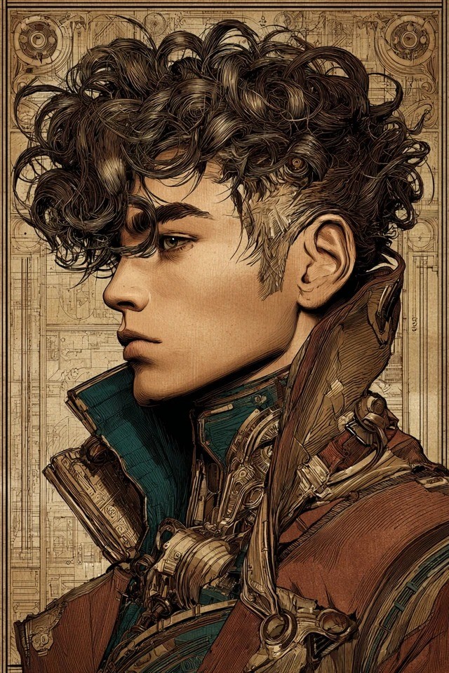 Art Nouveau linework meets steampunk machinery in retro illustration