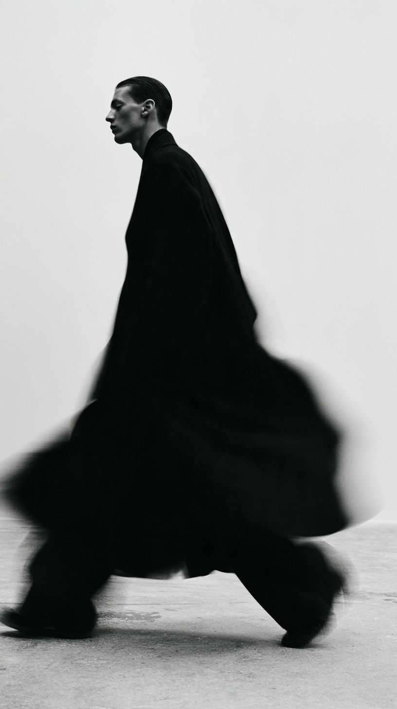 Contemporary underground fashion campaign photo, androgynous model in sculptural black coat crossing pale concrete studio, face partially obscured by intentional long-exposure motion blur, sharply resolved coat texture at center, original vermilion alignment marks and thin curved lines, generous negative space, monochrome silver gelatin with tiny red accent, human realism, bold asymmetrical editorial framing