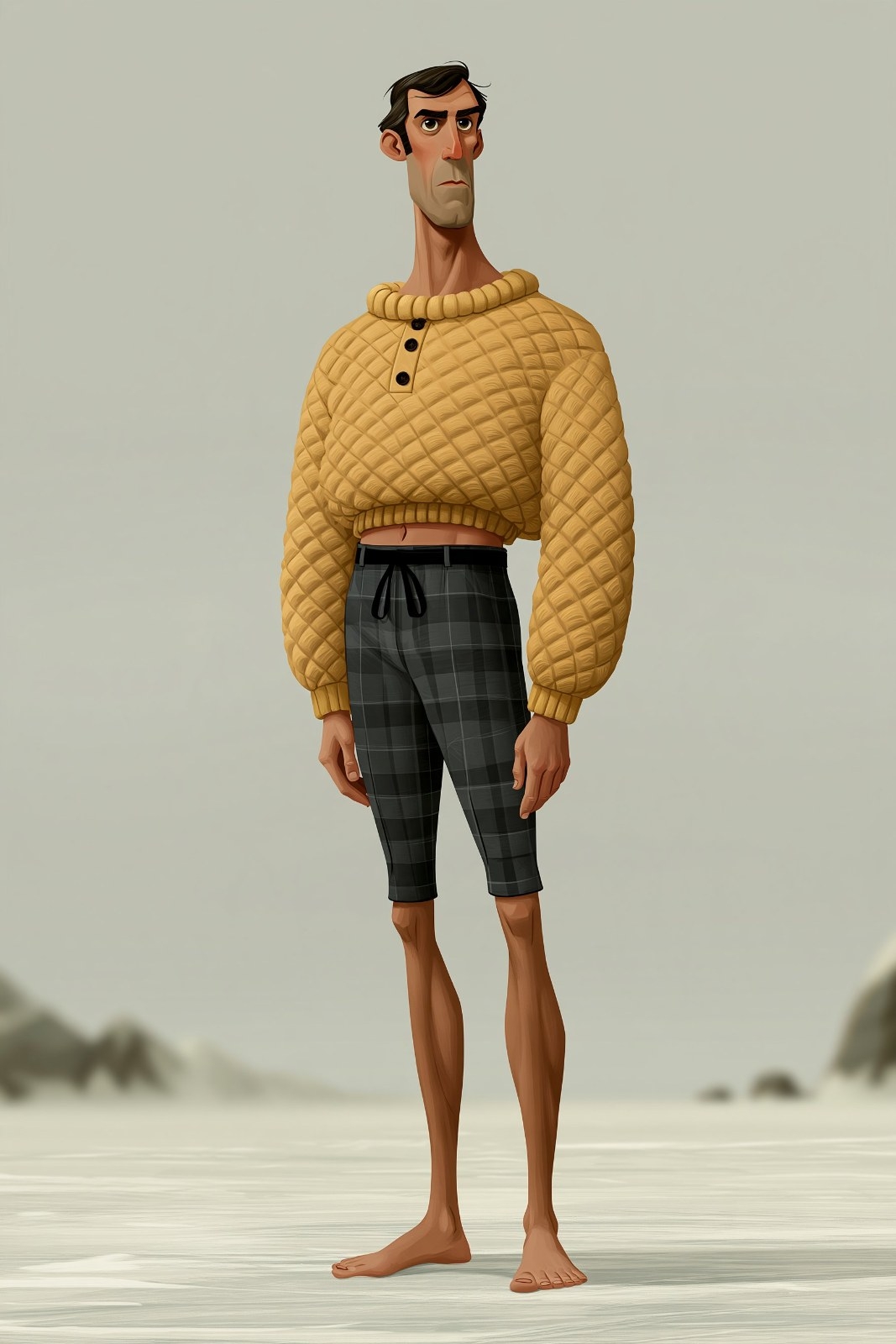 The male character wears a yellow turtleneck and dark patterned pants