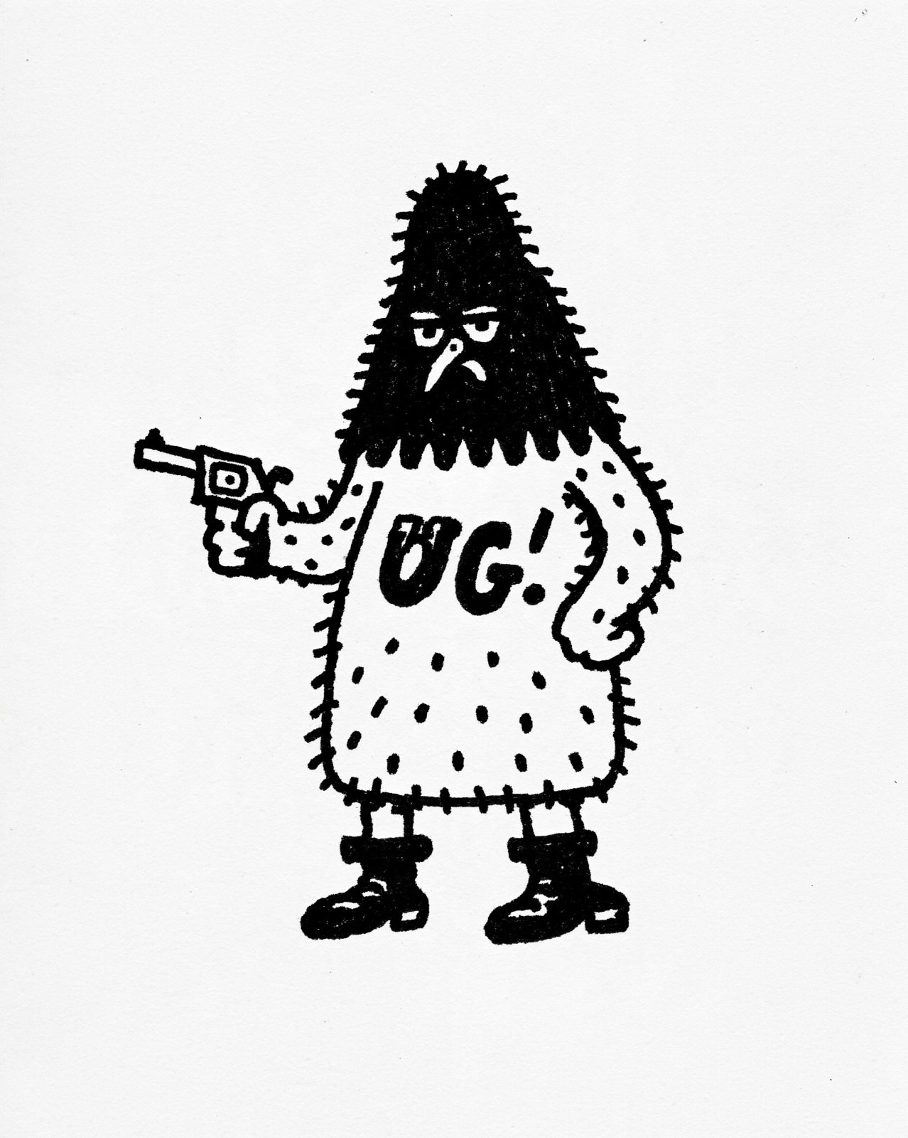 Anthropomorphic character in UG polka-dot top holding gun