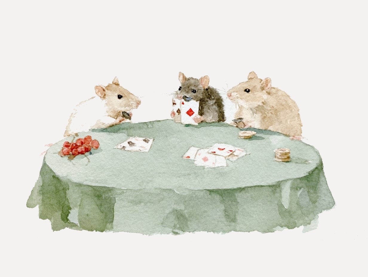 Aquarelle de trois souris jouant aux cartes autour d'une table ronde