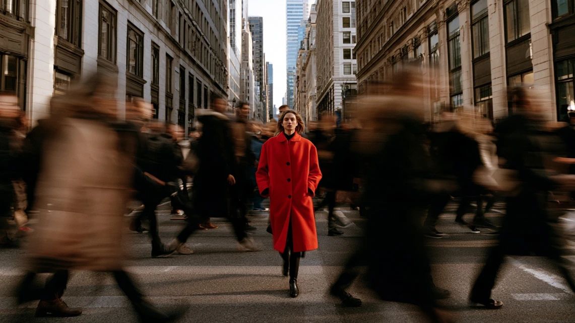 Businesswoman in red winter coat faces camera as passersby walk by