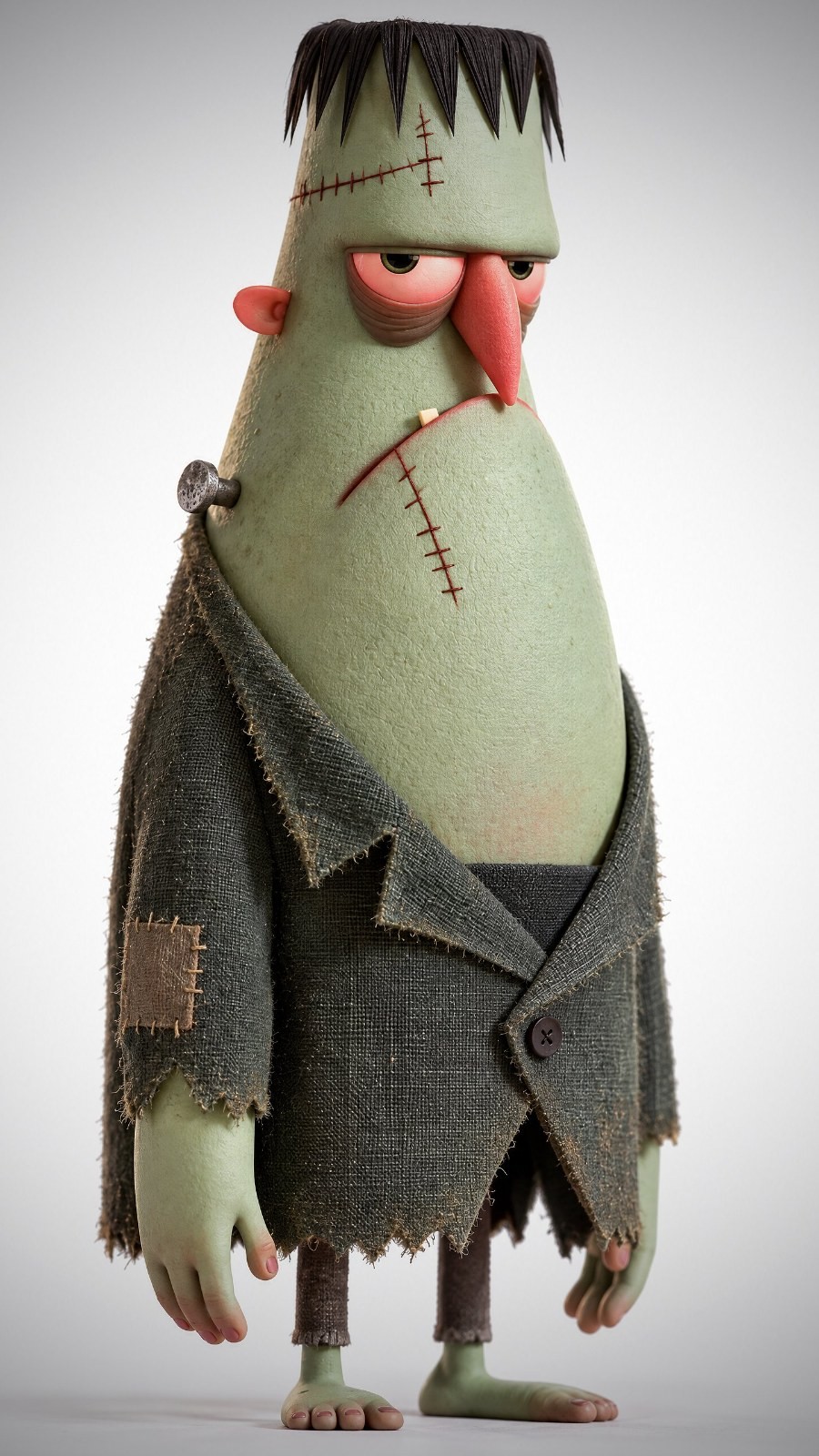 Green-skinned chubby cartoon character stands barefoot in patched coat