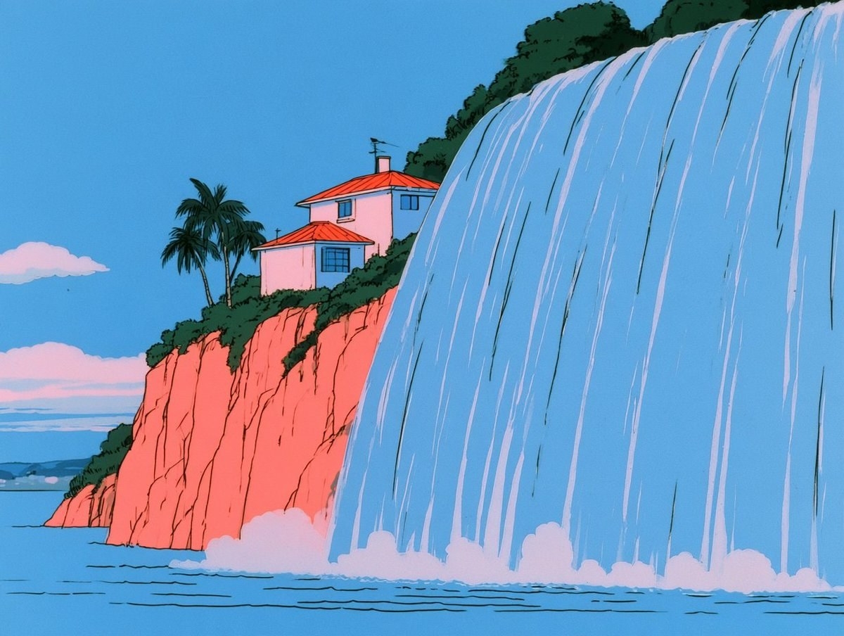 Retro cel animation style waterfall and red-roofed houses scene