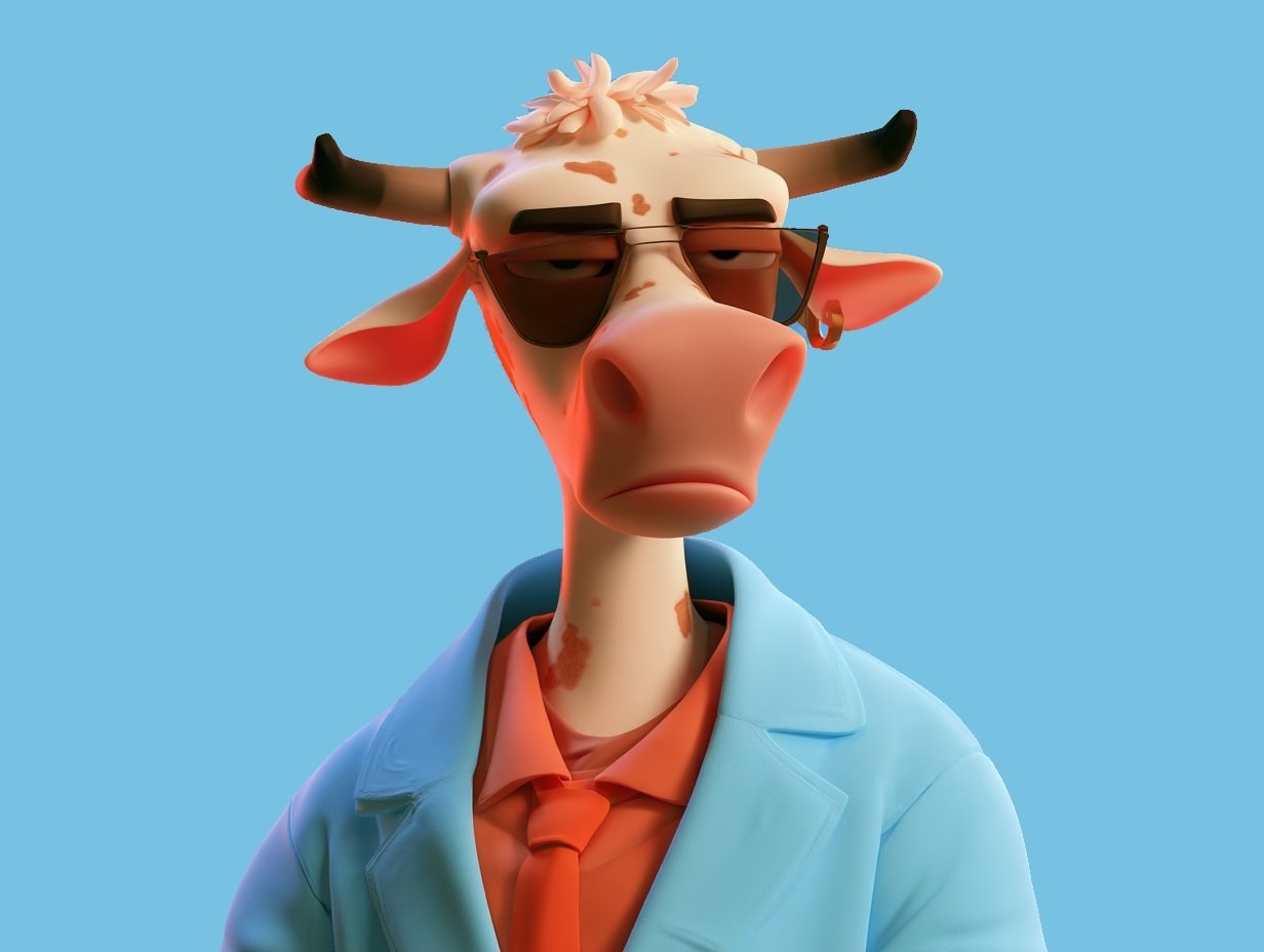 Anthropomorphic cow wears light blue blazer orange shirt sunglasses and earrings