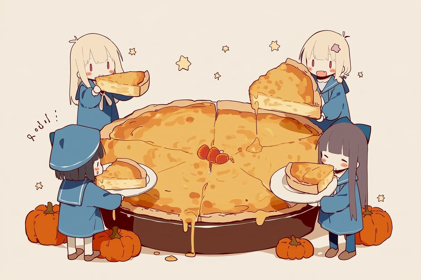 Four chibi girls share a giant pumpkin pie