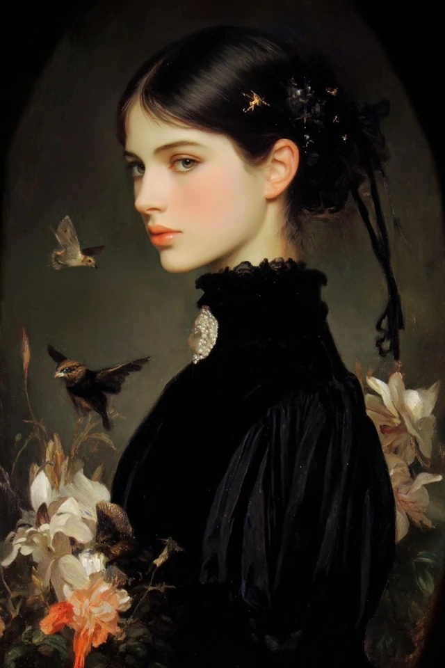Romantic academic oil painting with chiaroscuro lighting, deep blacks and ivory tones, velvety textures, oval framing, lush floral accents, suitable for gothic portraits, Victorian-era book covers, classical fine art galleries, dark academia aesthetics, museum exhibitions