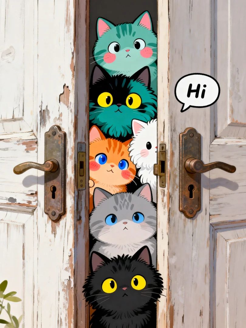 The hand-drawn illustration features 6 uniquely characterized cats peeking from behind an old door