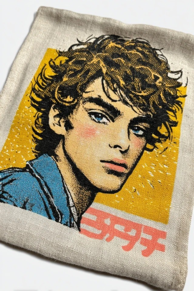 Vintage halftone screen-print on coarse canvas, yellow and cyan with coral accents and bold black outlines