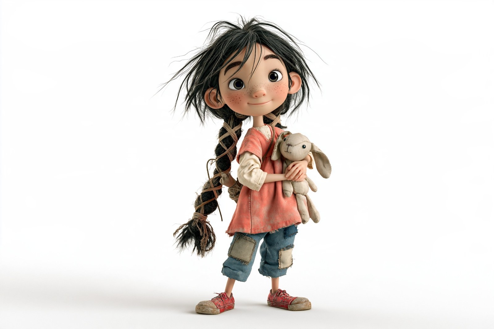 Freckled black-haired girl in orange top and patched jeans hugs gray bunny doll