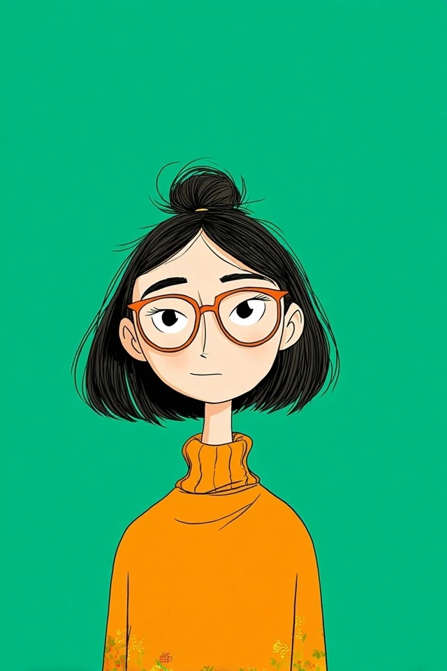 رسم توضيحي مسطح بسيط بخطوط سوداء سميكة وتعبئة صلبة وخلفية خضراء زمردية مع لمسات برتقالية وبورتريه متماثل في المنتصف