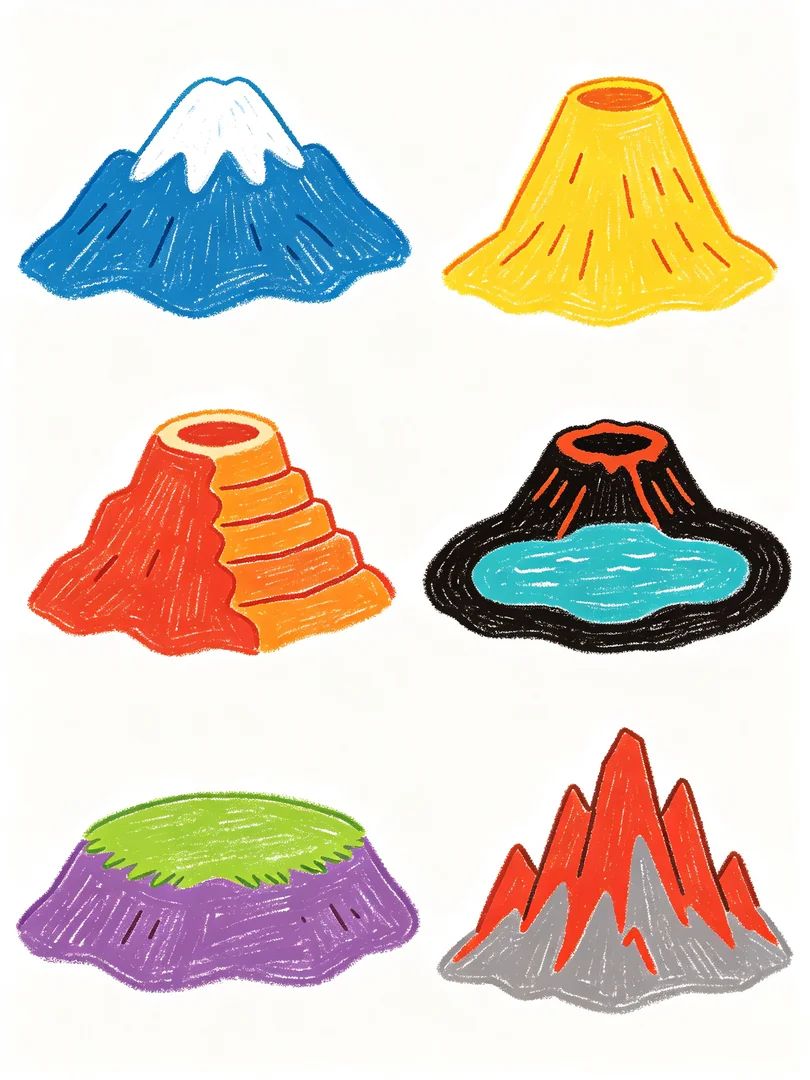 Children's book style illustration features six colorful cartoon hills and volcanoes
