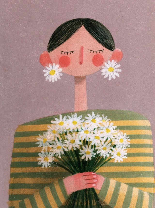 Modern naive gouache portrait: woman in sage green and butter yellow striped shirt with daisy earrings on lilac background, soft pastel palette