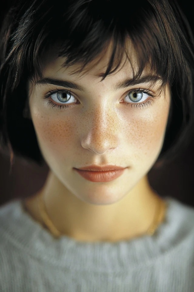 Weiches naturalistisches Porträt mit warmen Bernsteintönen und tiefen Schatten, diffusem Frontlicht, geringer Schärfentiefe, zentrierter Komposition, organischer Hauttextur für Editorial-Beauty und filmische Charakterstudien