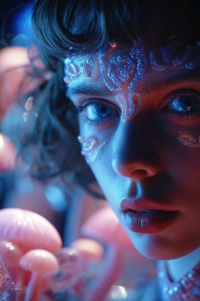 Motifs bioluminescents brillants sur fond indigo profond, avec une douce lumière rose à travers des formes organiques, créant une atmosphère cinématographique sous-marine onirique