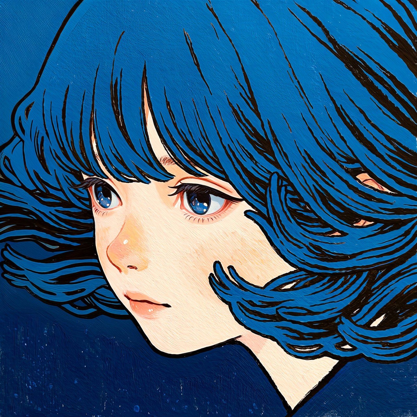 蓝发蓝眸女子与多只手眼超现实日式插画