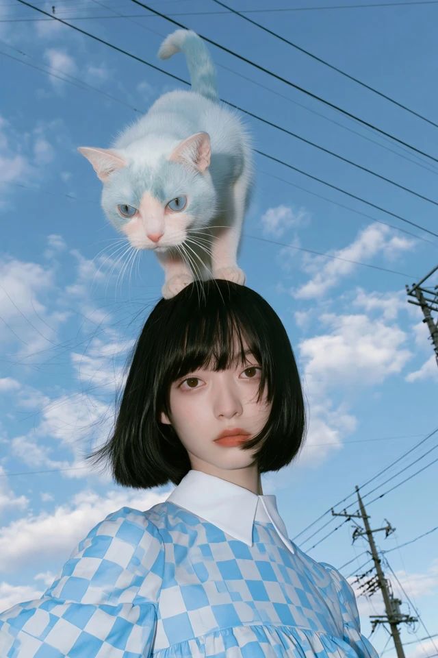 Primer plano realista en 35mm de una joven japonesa con vestido de otoño y un gato en la cabeza