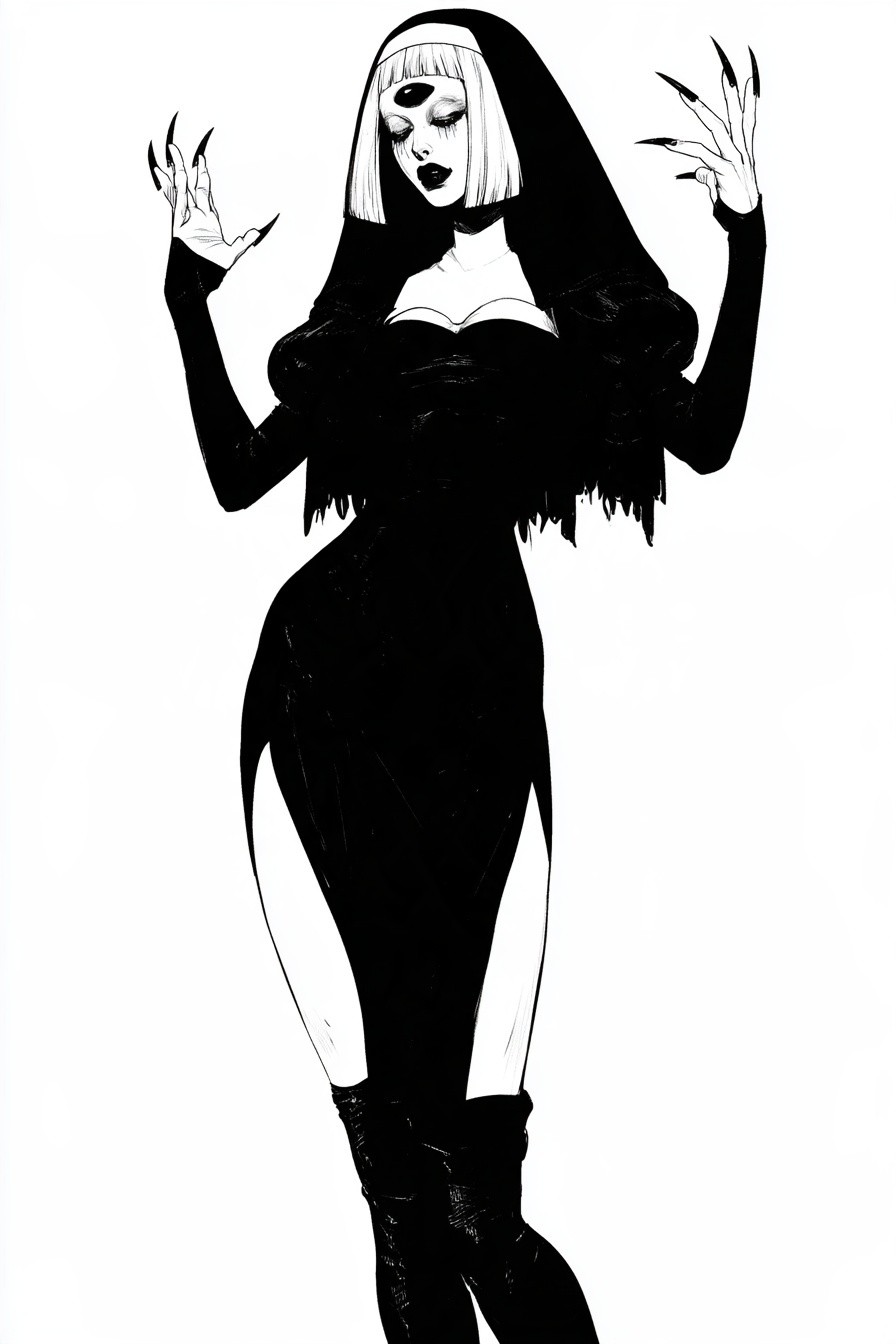 Black and white nun full body character concept