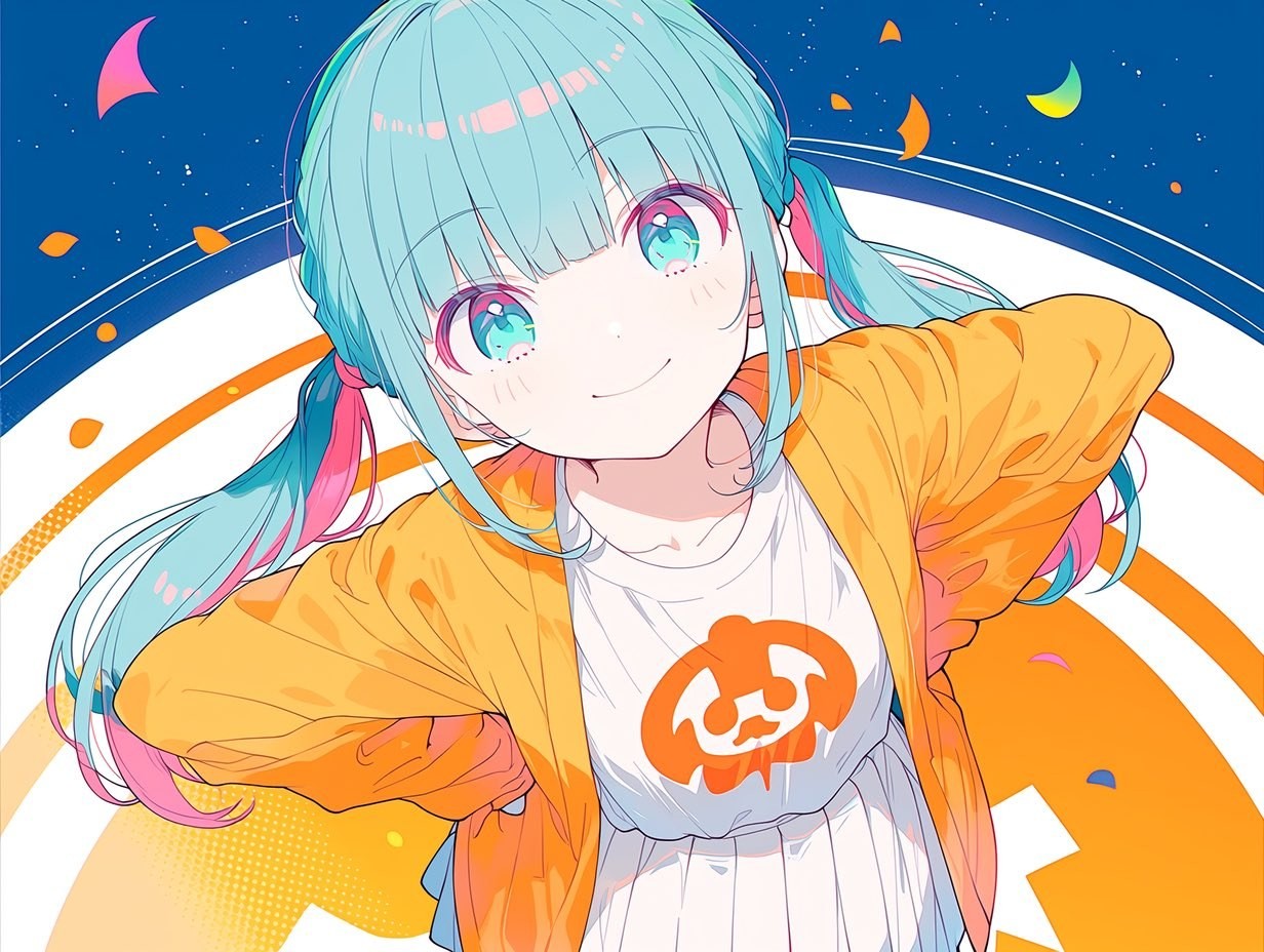 An anime girl with teal hair wearing a white T-shirt with a pumpkin print and an oversized orange-yellow jacket