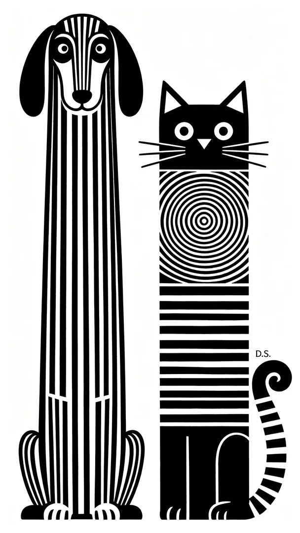 The black and white pet illustration features contrast and geometric beauty