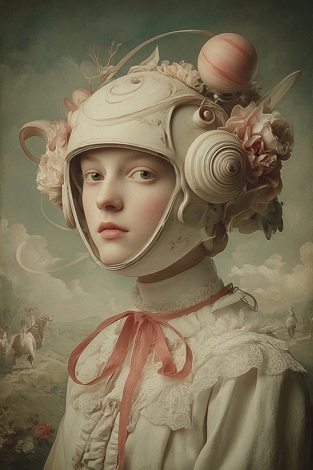 Softly lit Baroque-Rococo fusion with sage and blush tones, oil-painted textures, ornate details, classical portrait composition, dreamy atmosphere