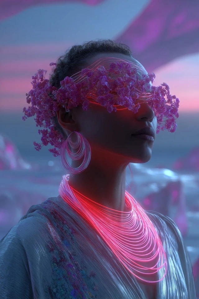 Bioluminescent neon pink and cyan digital art portrait for sci-fi fashion and VR