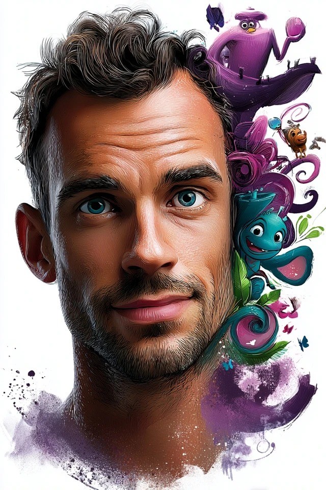 Hyper-detailed digital portrait blending photorealistic rendering with whimsical illustrated elements