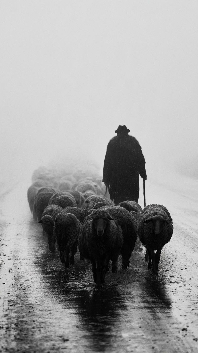 firuzee erstellt Schwarzweißbild Schäfer Schafe Straße Regen Nebel