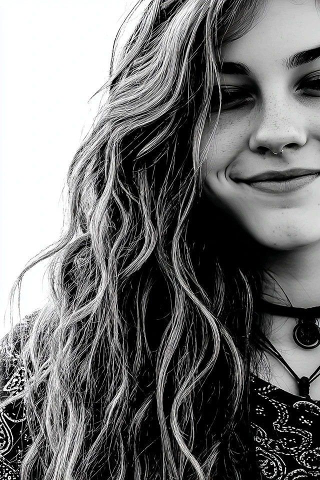 High-contrast black-and-white portrait with crisp detail, deep blacks, bright highlights, smooth skin against textured hair, off-center close-up crop, soft directional lighting, ideal for fashion editorials and beauty campaigns