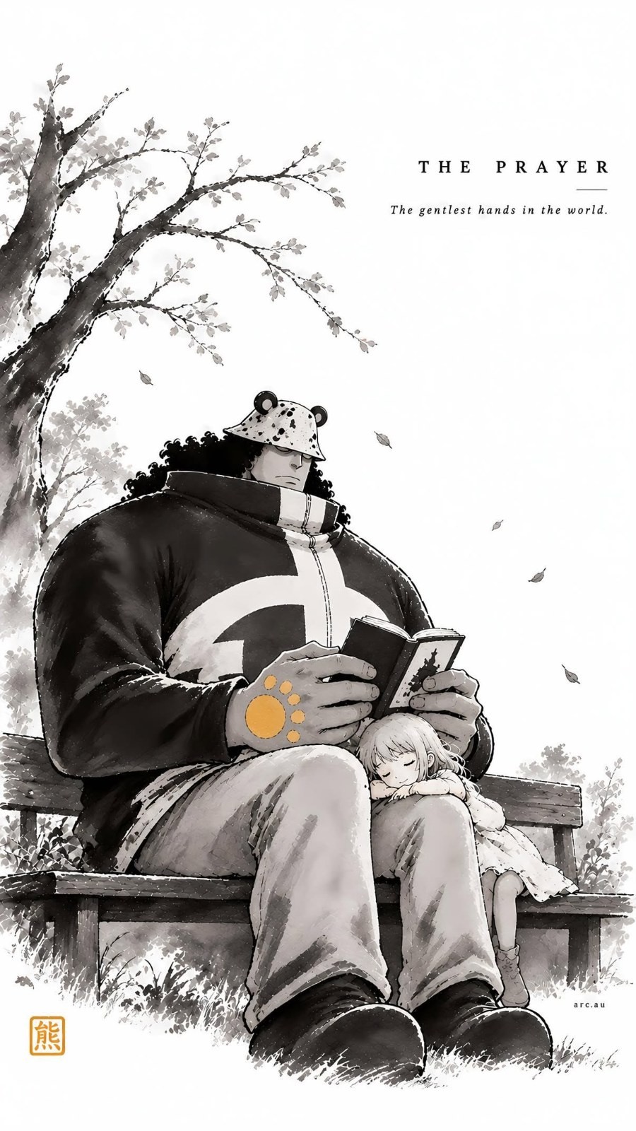 Burly man in bear-ear hat reading, girl sleeping beside