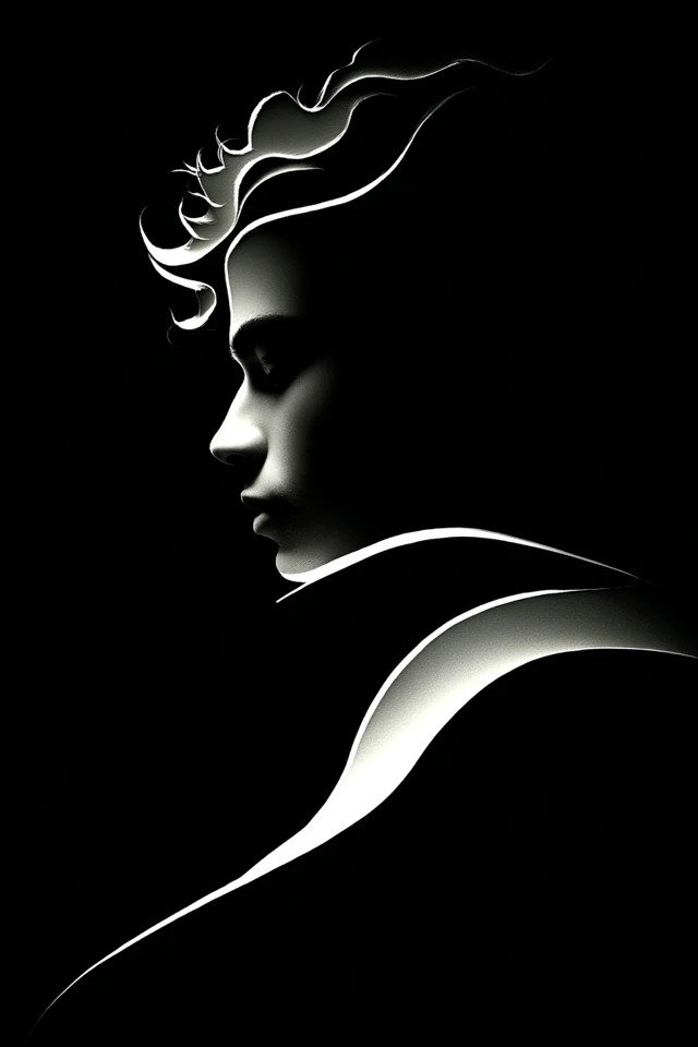 High-contrast chiaroscuro with fluid calligraphic lines, smooth gradients, black background creating elegant negative space and sculptural volume