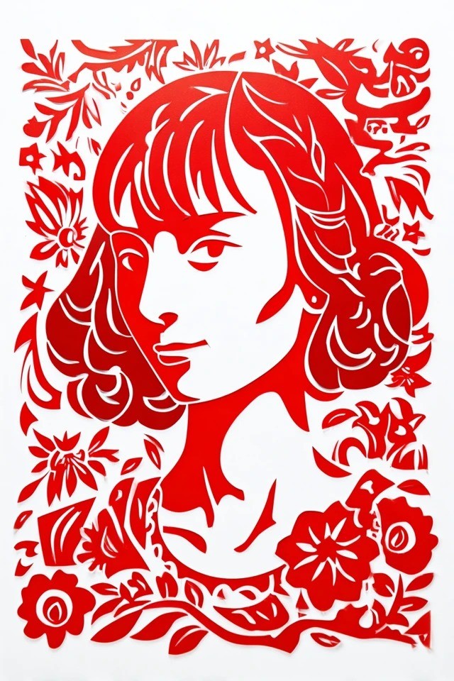 Bold red negative space cutouts symmetrical floral framing stark white contrast graphic folk art aesthetic suitable for festival posters book covers textiles cultural branding
