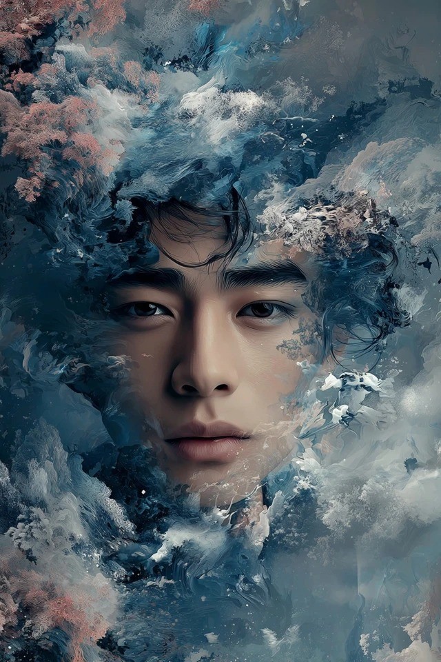 Surreal digital painting with fluid organic textures dissolving into turbulent waves and mist in muted teals and dusty roses for dream sequences